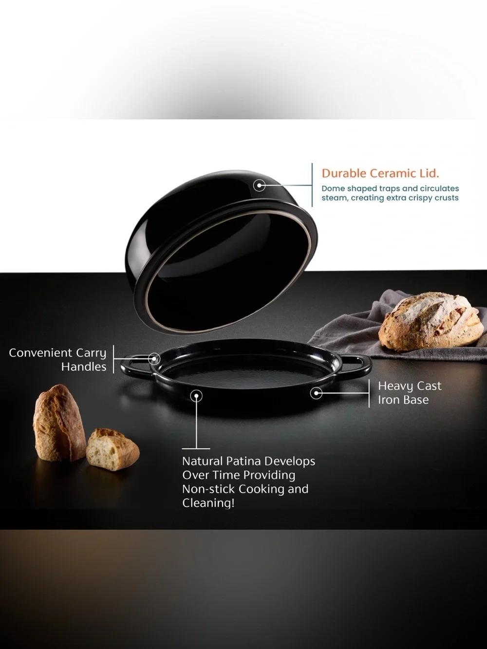 Kook Cast Iron Bread Oven Cloche Black NIB Sourdough Dutch Oven Bread Baker
